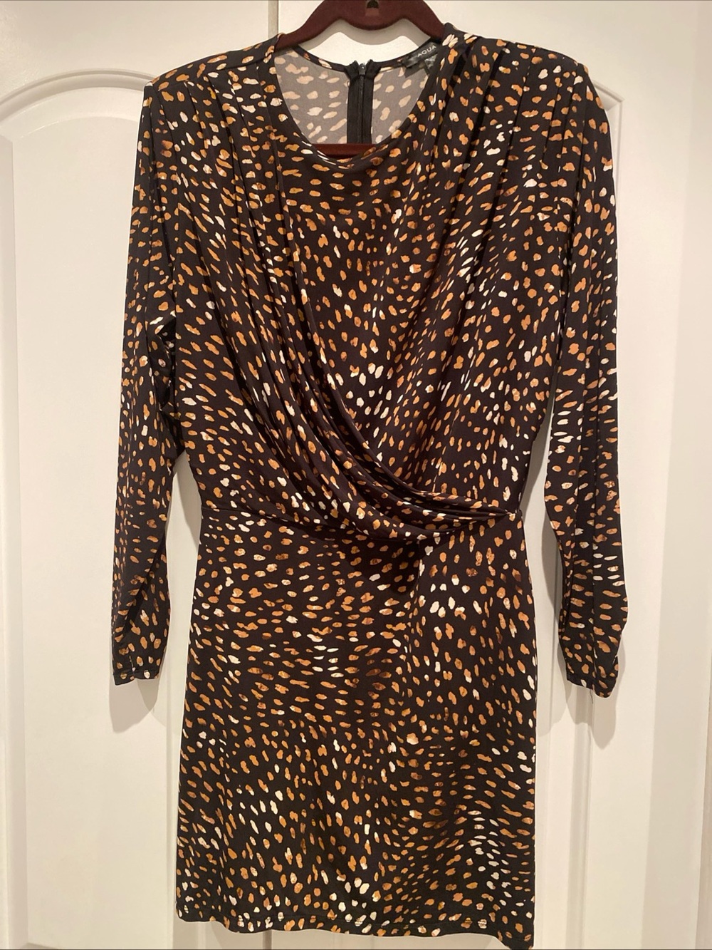 Aqua Brown Animal-Print Long-Sleeve Faux Wrap Dress